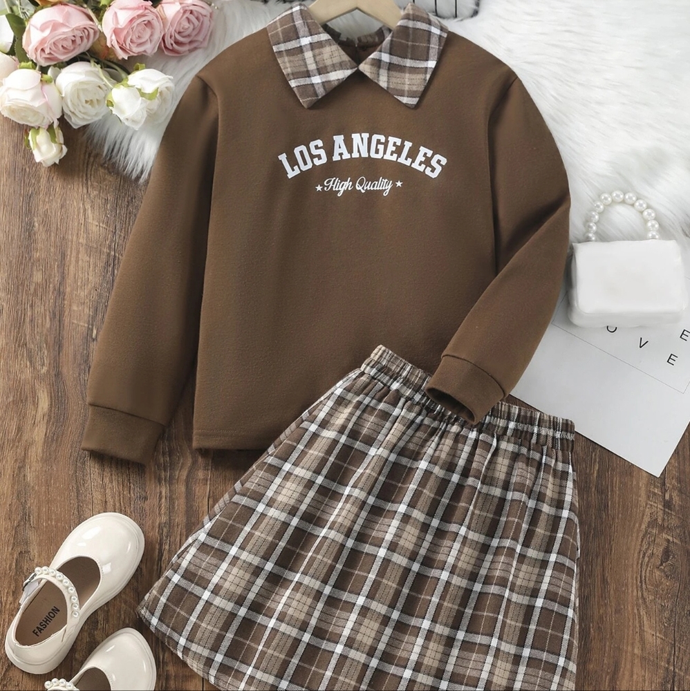 Brown Plaid Teen Girl Skirt & Shirt Set
